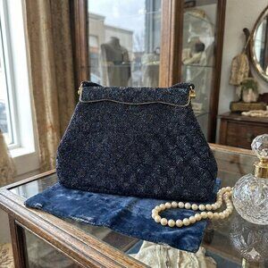 Vintage 1950s Seed Bead Purse Handbag Iridescent Navy Gold Hong Kong Evening MCM